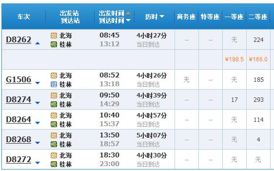 北海到桂林動車時(shí)刻表